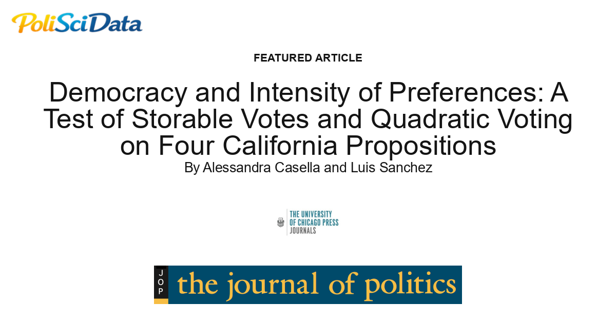 Article card for article: Democracy and Intensity of Preferences: A Test of Storable Votes and Quadratic Voting on Four California Propositions